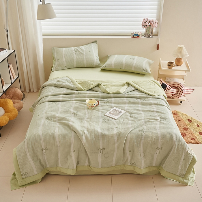 91家纺网 家纺一手货源 找家纺 简如 2026新款里外全棉华夫格夏凉被四件套 茹梦-绿
