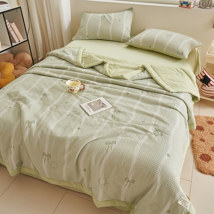 91家纺网 家纺一手货源 找家纺 简如 2026新款里外全棉华夫格夏凉被四件套 茹梦-绿