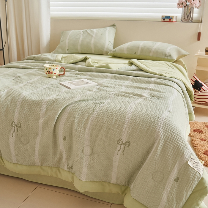 91家纺网 家纺一手货源 找家纺 简如 2026新款里外全棉华夫格夏凉被四件套 茹梦-绿