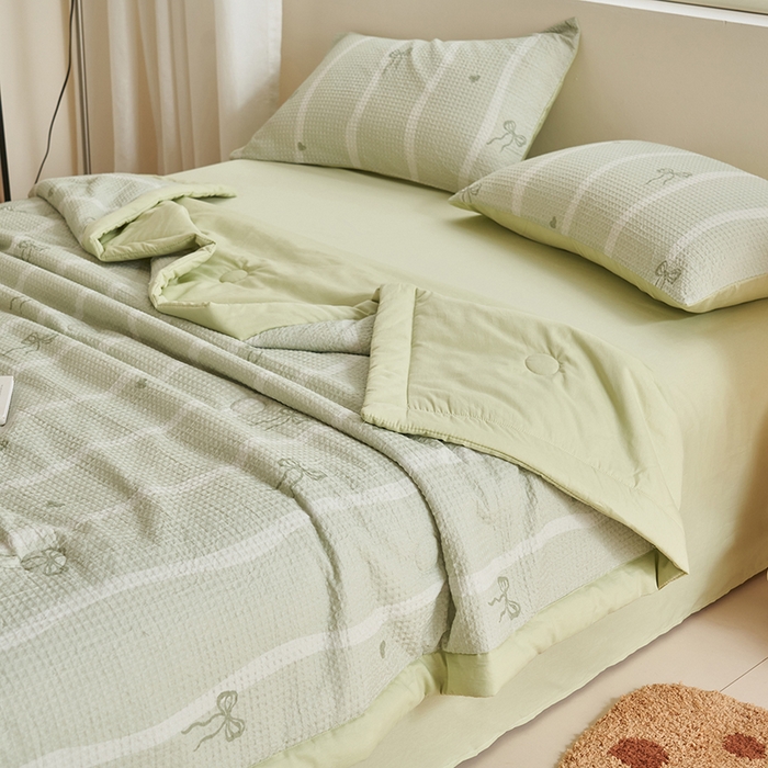 91家纺网 家纺一手货源 找家纺 简如 2026新款里外全棉华夫格夏凉被四件套 茹梦-绿