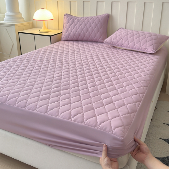 91家纺网 家纺一手货源 找家纺 慕克斯家纺 2026新款亲肤棉磨毛防水菱形格床笠 菱形格豆沙