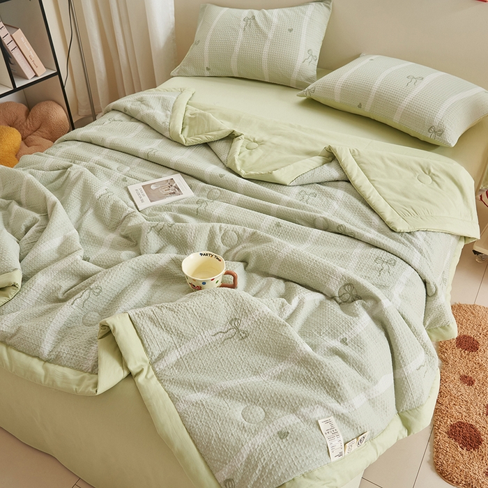 91家纺网 家纺一手货源 找家纺 简如 2026新款里外全棉华夫格夏凉被四件套 茹梦-绿