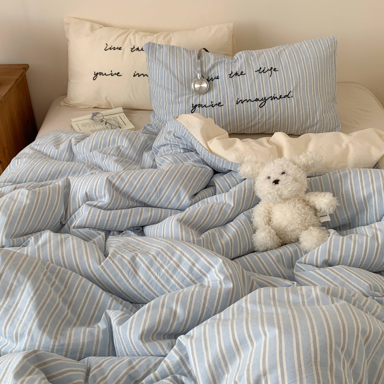 91家纺网 家纺一手货源 找家纺 桃喜 2026春夏全棉新品色织水洗棉条纹博主ins风四件套学生三件套（会员-5） 海盐奶盖