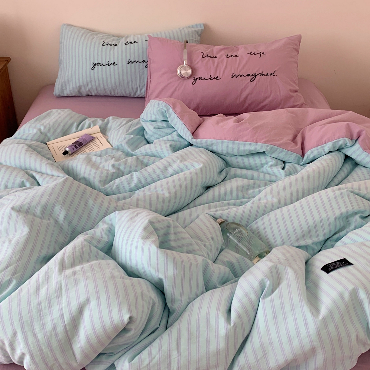 桃喜 2026春夏全棉新品色织水洗棉条纹博主ins风四件套学生三件套（会员-5） 薄荷芋泥