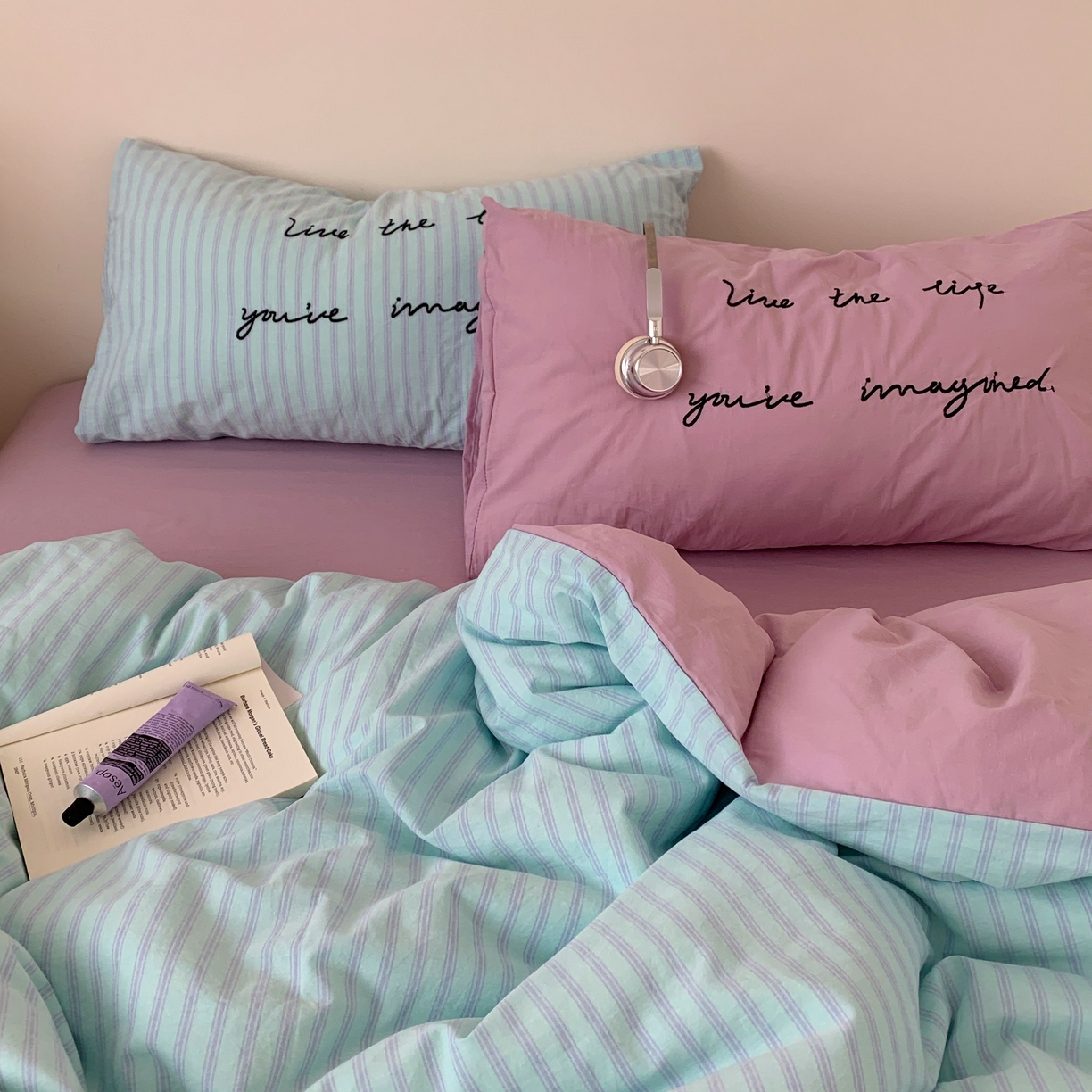 91家纺网 家纺一手货源 找家纺 桃喜 2026春夏全棉新品色织水洗棉条纹博主ins风四件套学生三件套（会员-5） 薄荷芋泥