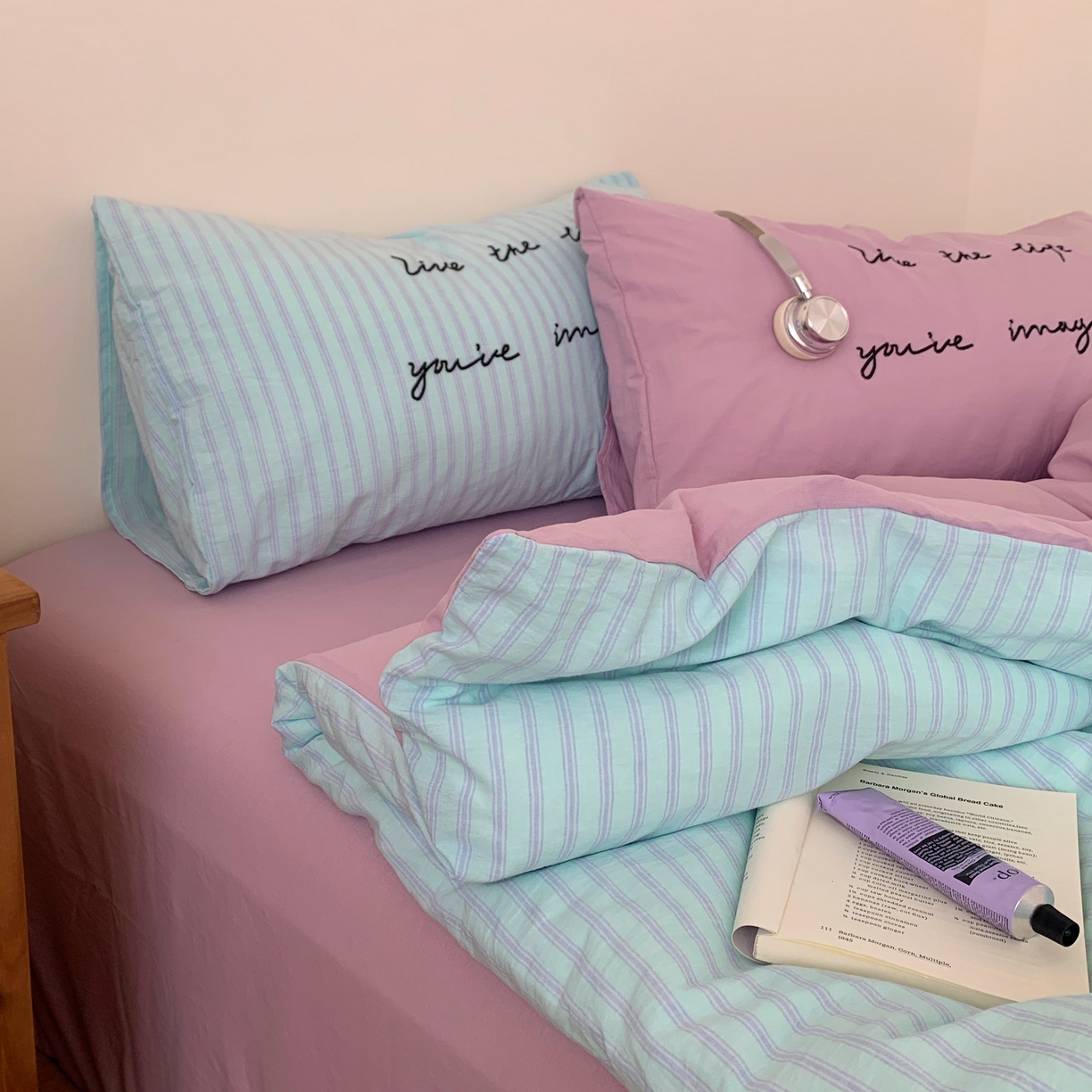 91家纺网 家纺一手货源 找家纺 桃喜 2026春夏全棉新品色织水洗棉条纹博主ins风四件套学生三件套（会员-5） 薄荷芋泥