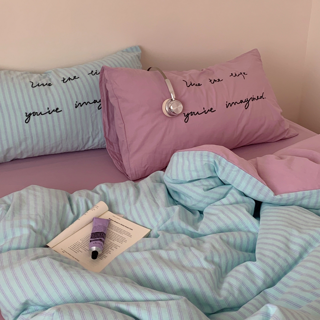 91家纺网 家纺一手货源 找家纺 桃喜 2026春夏全棉新品色织水洗棉条纹博主ins风四件套学生三件套（会员-5） 薄荷芋泥