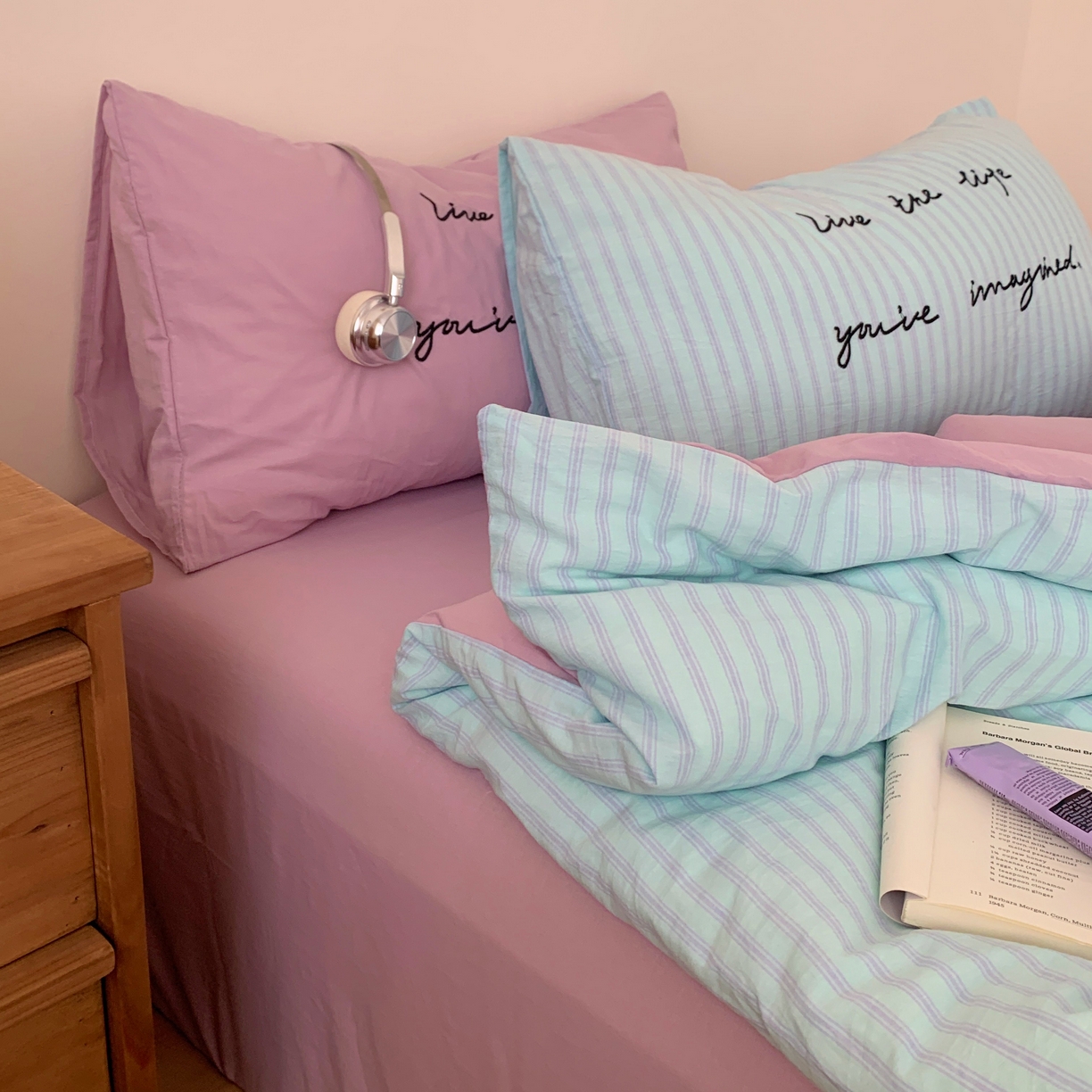 91家纺网 家纺一手货源 找家纺 桃喜 2026春夏全棉新品色织水洗棉条纹博主ins风四件套学生三件套（会员-5） 薄荷芋泥