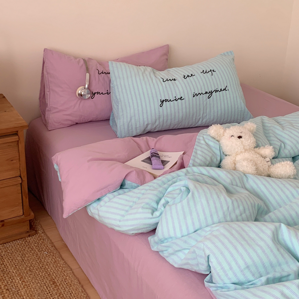 91家纺网 家纺一手货源 找家纺 桃喜 2026春夏全棉新品色织水洗棉条纹博主ins风四件套学生三件套（会员-5） 薄荷芋泥