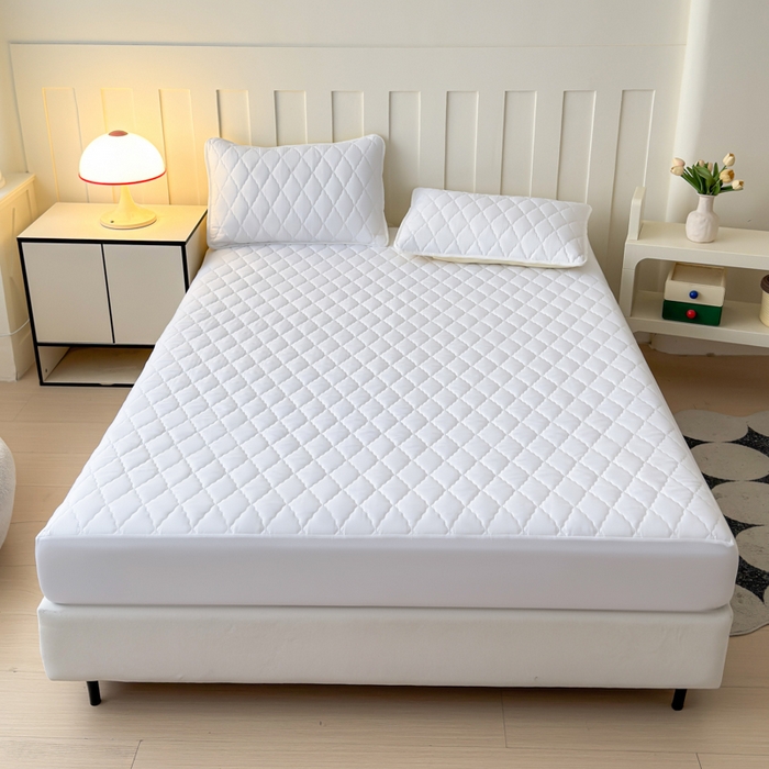 91家纺网 家纺一手货源 找家纺 慕克斯家纺 2026新款亲肤棉磨毛防水菱形格床笠 菱形格白色