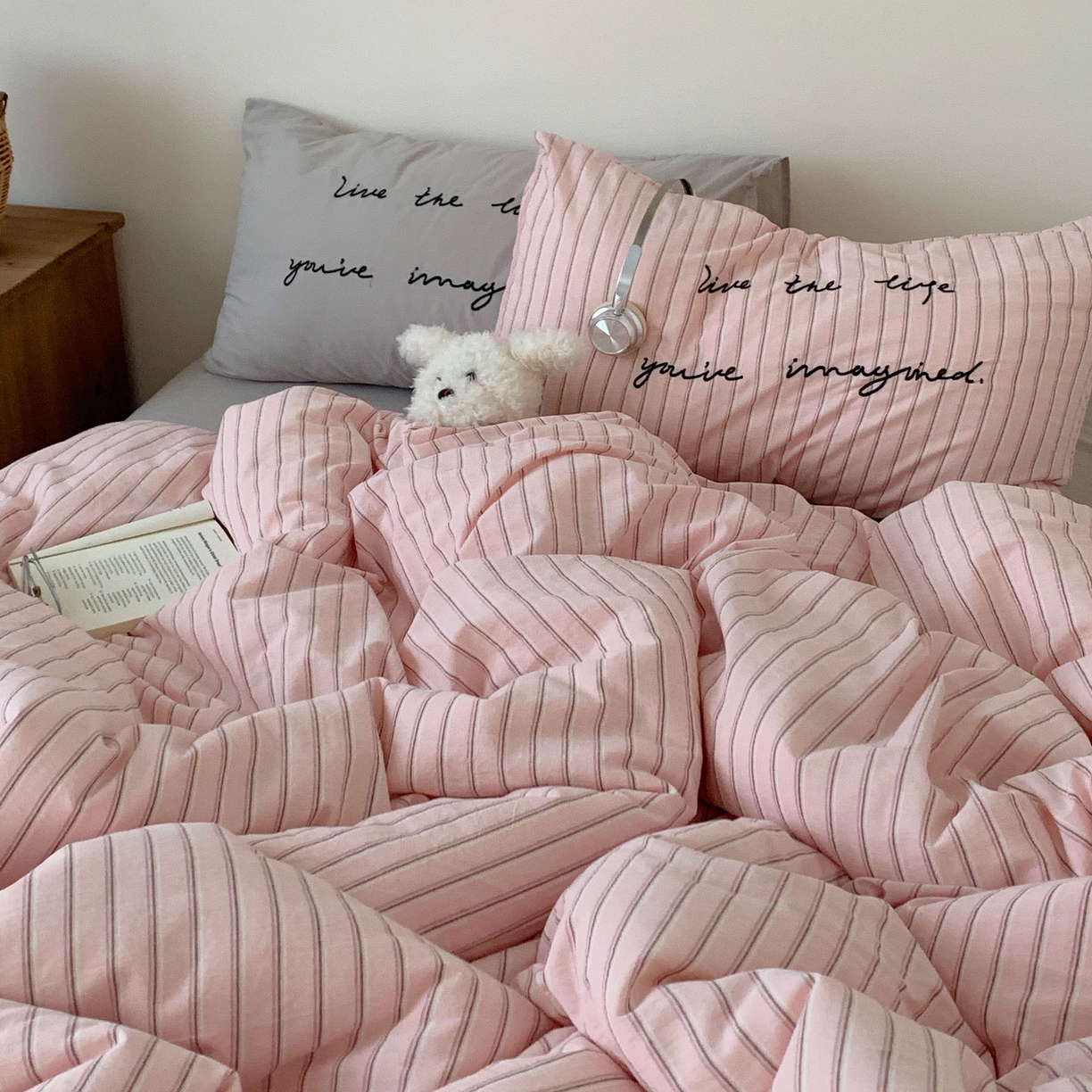 桃喜 2026春夏全棉新品色织水洗棉条纹博主ins风四件套学生三件套（会员-5） 粉荔奶灰