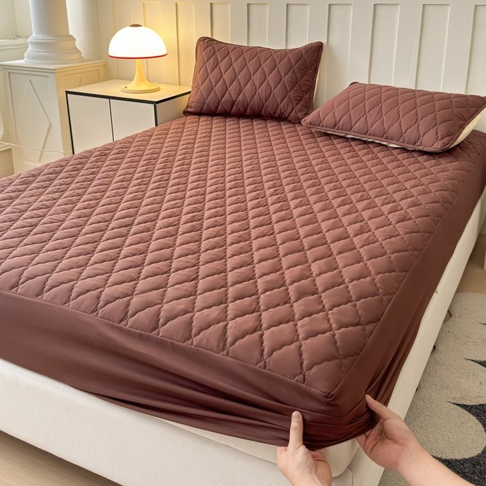 慕克斯家纺 2026新款亲肤棉磨毛防水菱形格床笠 菱形格咖色