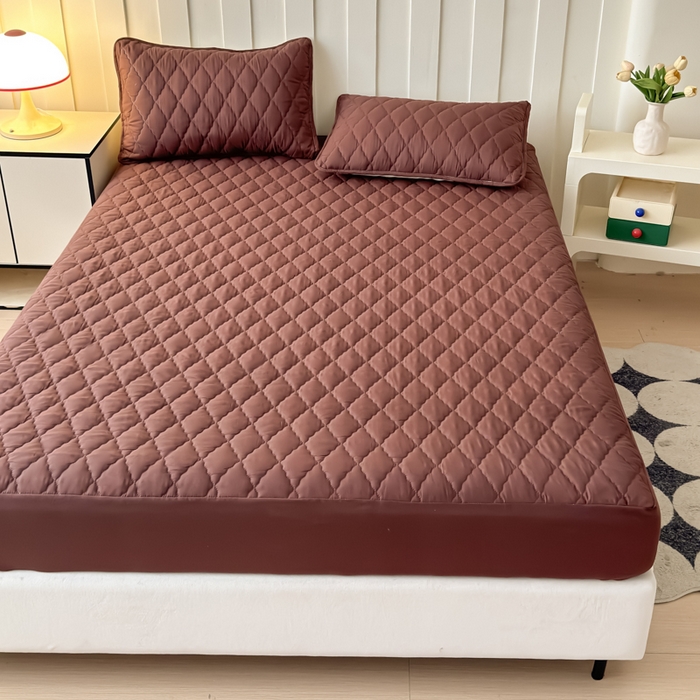 91家纺网 家纺一手货源 找家纺 慕克斯家纺 2026新款亲肤棉磨毛防水菱形格床笠 菱形格咖色