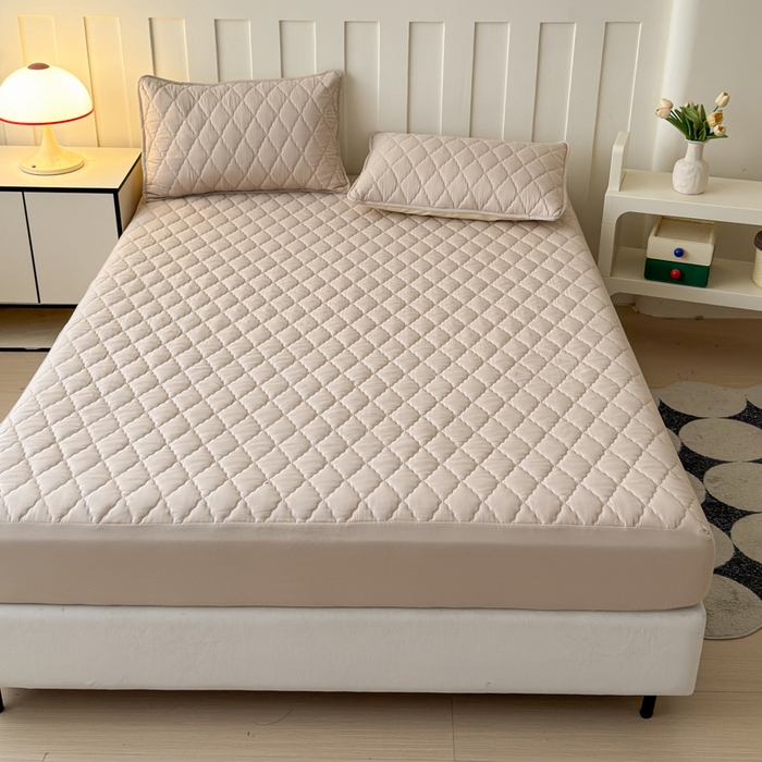 91家纺网 家纺一手货源 找家纺 慕克斯家纺 2026新款亲肤棉磨毛防水菱形格床笠 菱形格卡其