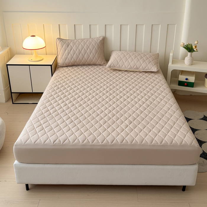 91家纺网 家纺一手货源 找家纺 慕克斯家纺 2026新款亲肤棉磨毛防水菱形格床笠 菱形格卡其