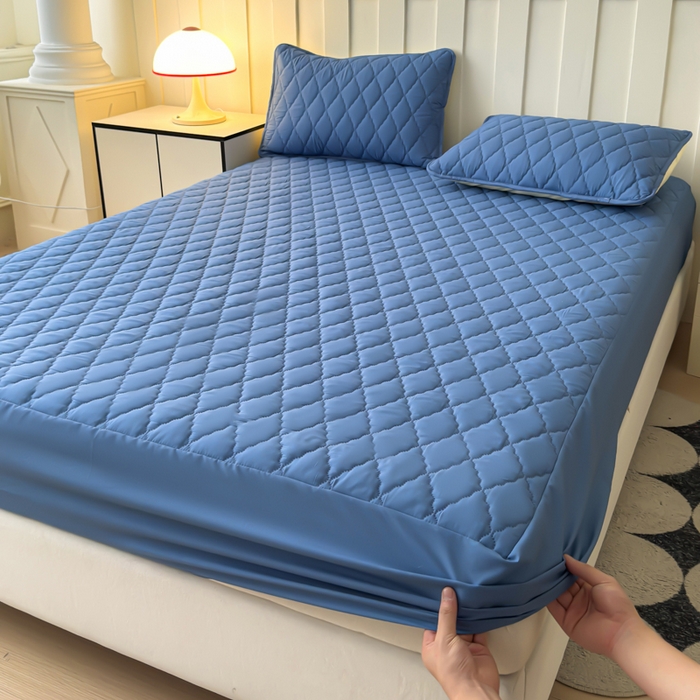 慕克斯家纺 2026新款亲肤棉磨毛防水菱形格床笠 菱形格蓝灰