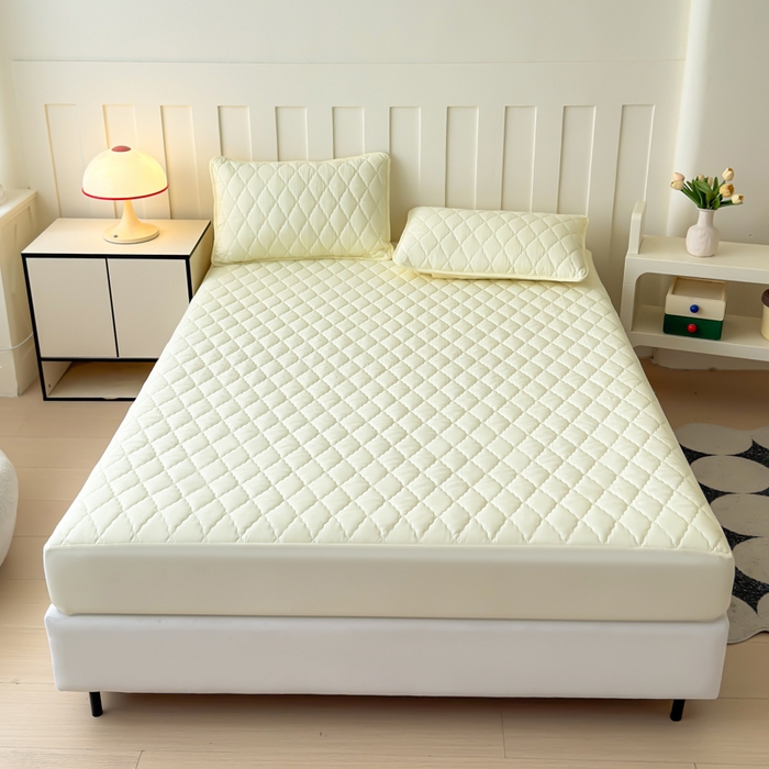 91家纺网 家纺一手货源 找家纺 慕克斯家纺 2026新款亲肤棉磨毛防水菱形格床笠 菱形格米黄