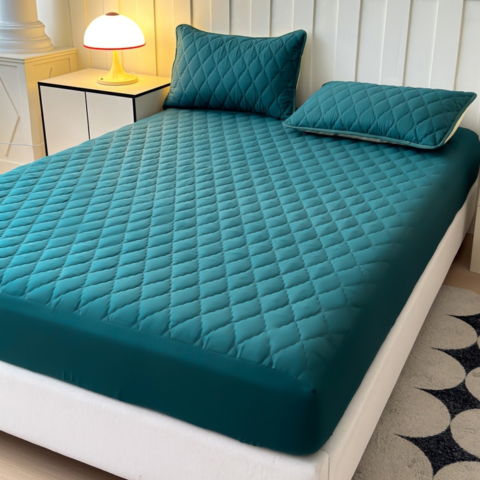 91家纺网 家纺一手货源 找家纺 慕克斯家纺 2026新款亲肤棉磨毛防水菱形格床笠 菱形格墨绿