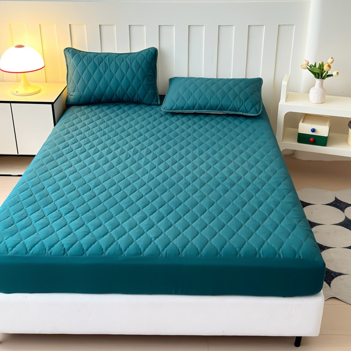 91家纺网 家纺一手货源 找家纺 慕克斯家纺 2026新款亲肤棉磨毛防水菱形格床笠 菱形格墨绿