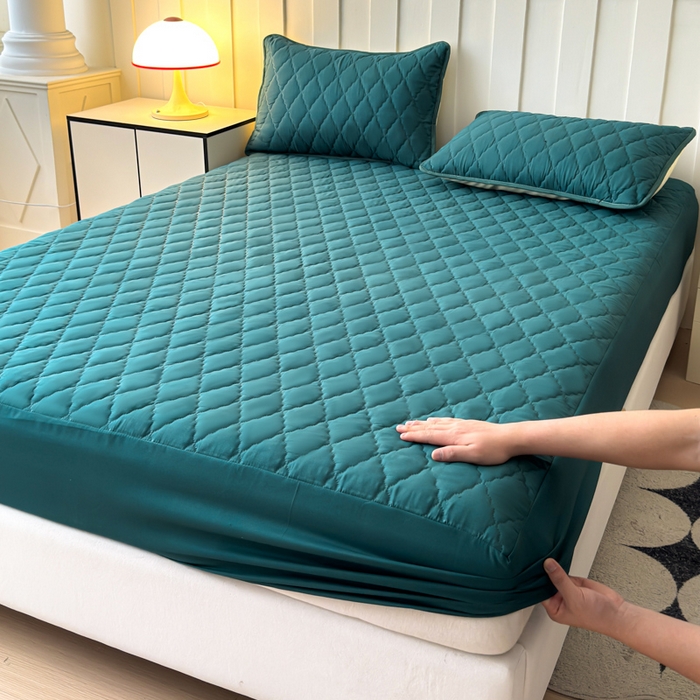 91家纺网 家纺一手货源 找家纺 慕克斯家纺 2026新款亲肤棉磨毛防水菱形格床笠 菱形格墨绿