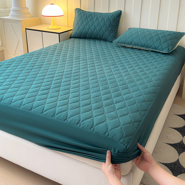 慕克斯家纺 2026新款亲肤棉磨毛防水菱形格床笠 菱形格墨绿