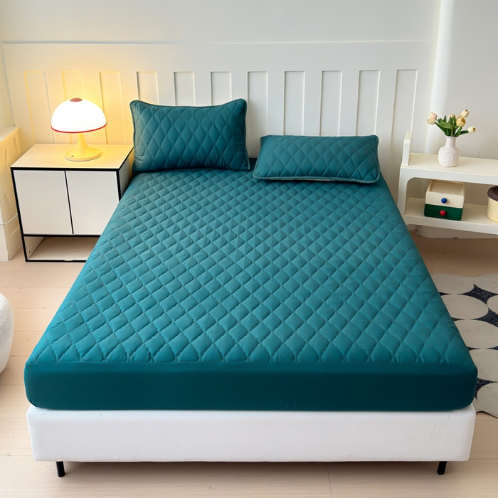 91家纺网 家纺一手货源 找家纺 慕克斯家纺 2026新款亲肤棉磨毛防水菱形格床笠 菱形格墨绿