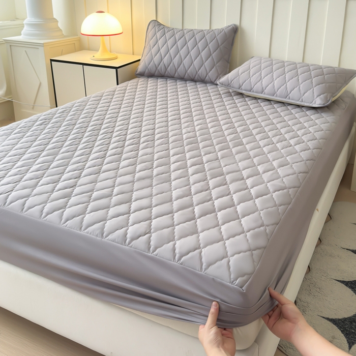 慕克斯家纺 2026新款亲肤棉磨毛防水菱形格床笠 菱形格浅灰