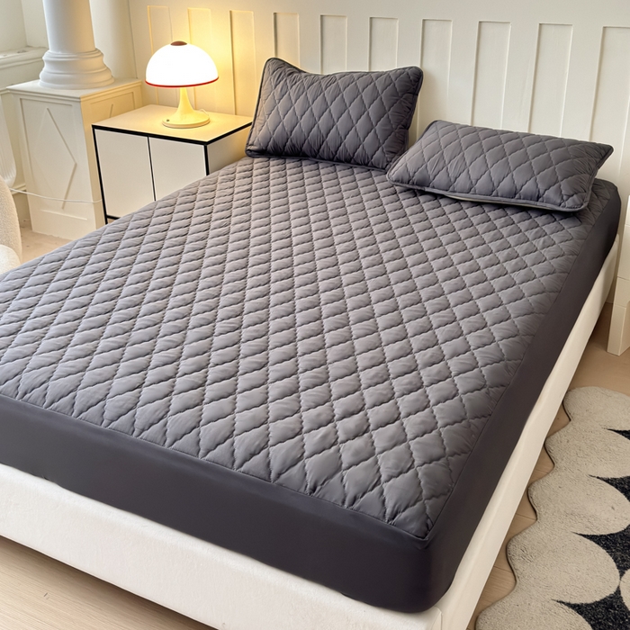 91家纺网 家纺一手货源 找家纺 慕克斯家纺 2026新款亲肤棉磨毛防水菱形格床笠 菱形格深灰