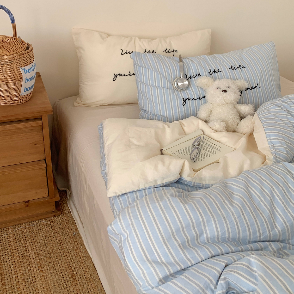 91家纺网 家纺一手货源 找家纺 桃喜 2026春夏全棉新品色织水洗棉条纹博主ins风四件套学生三件套（会员-5） 海盐奶盖