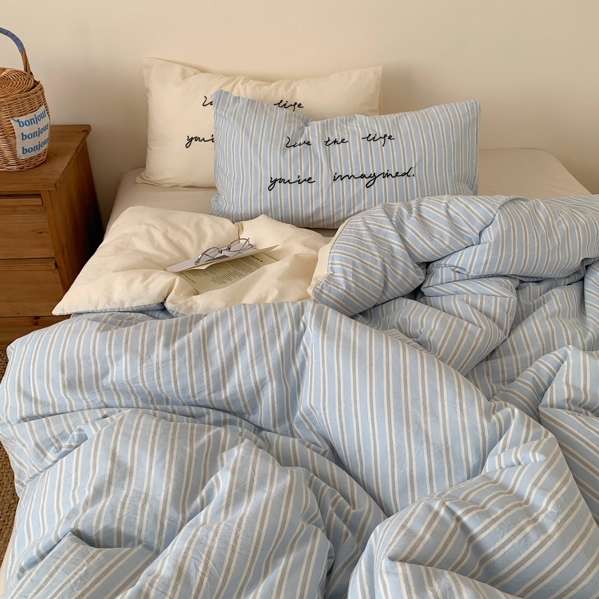 91家纺网 家纺一手货源 找家纺 桃喜 2026春夏全棉新品色织水洗棉条纹博主ins风四件套学生三件套（会员-5） 海盐奶盖