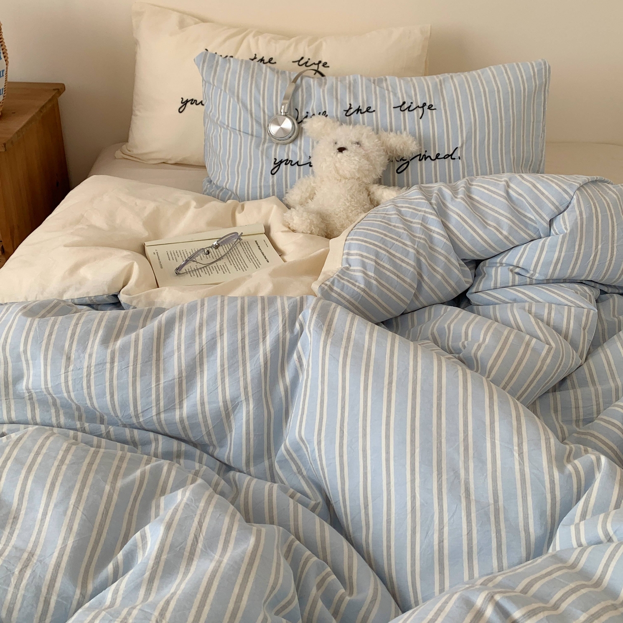 91家纺网 家纺一手货源 找家纺 桃喜 2026春夏全棉新品色织水洗棉条纹博主ins风四件套学生三件套（会员-5） 海盐奶盖