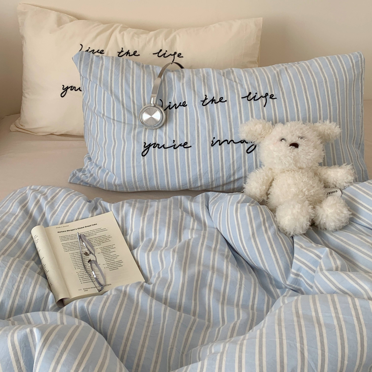 91家纺网 家纺一手货源 找家纺 桃喜 2026春夏全棉新品色织水洗棉条纹博主ins风四件套学生三件套（会员-5） 海盐奶盖