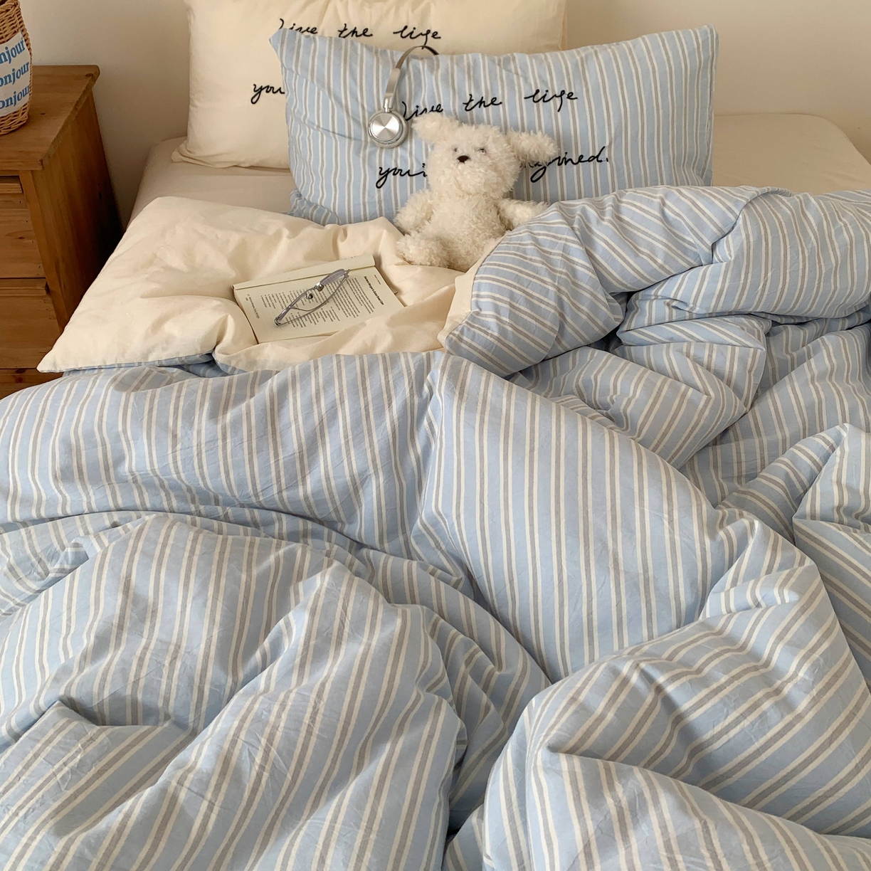 91家纺网 家纺一手货源 找家纺 桃喜 2026春夏全棉新品色织水洗棉条纹博主ins风四件套学生三件套（会员-5） 海盐奶盖