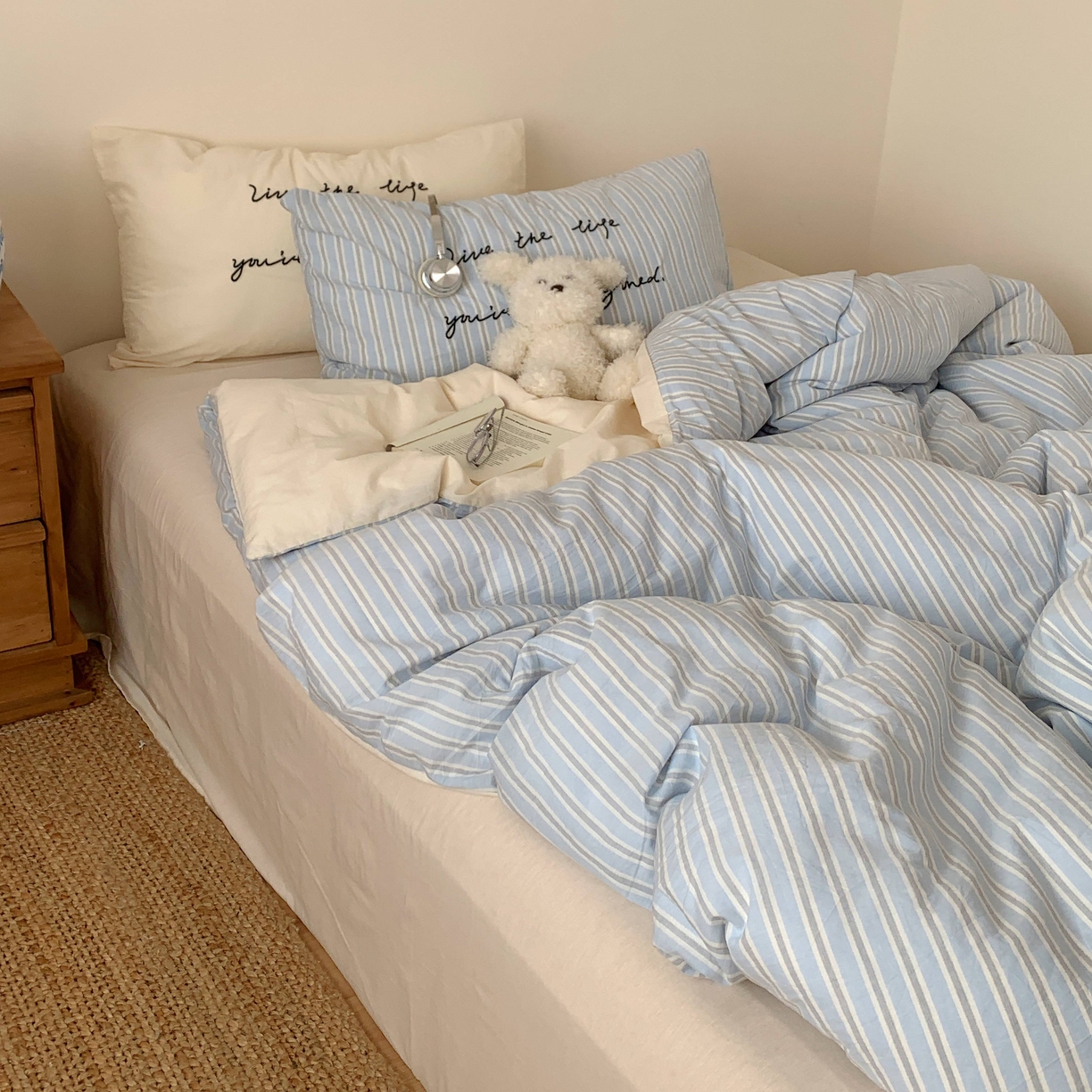 91家纺网 家纺一手货源 找家纺 桃喜 2026春夏全棉新品色织水洗棉条纹博主ins风四件套学生三件套（会员-5） 海盐奶盖