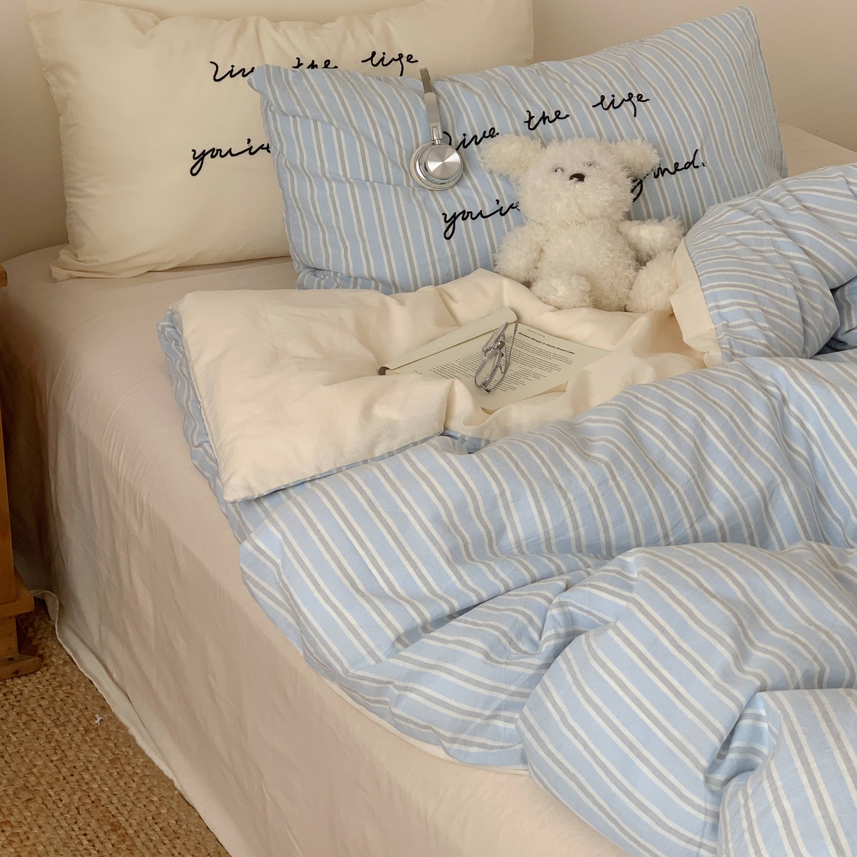 91家纺网 家纺一手货源 找家纺 桃喜 2026春夏全棉新品色织水洗棉条纹博主ins风四件套学生三件套（会员-5） 海盐奶盖