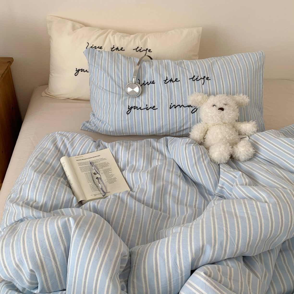 91家纺网 家纺一手货源 找家纺 桃喜 2026春夏全棉新品色织水洗棉条纹博主ins风四件套学生三件套（会员-5） 海盐奶盖