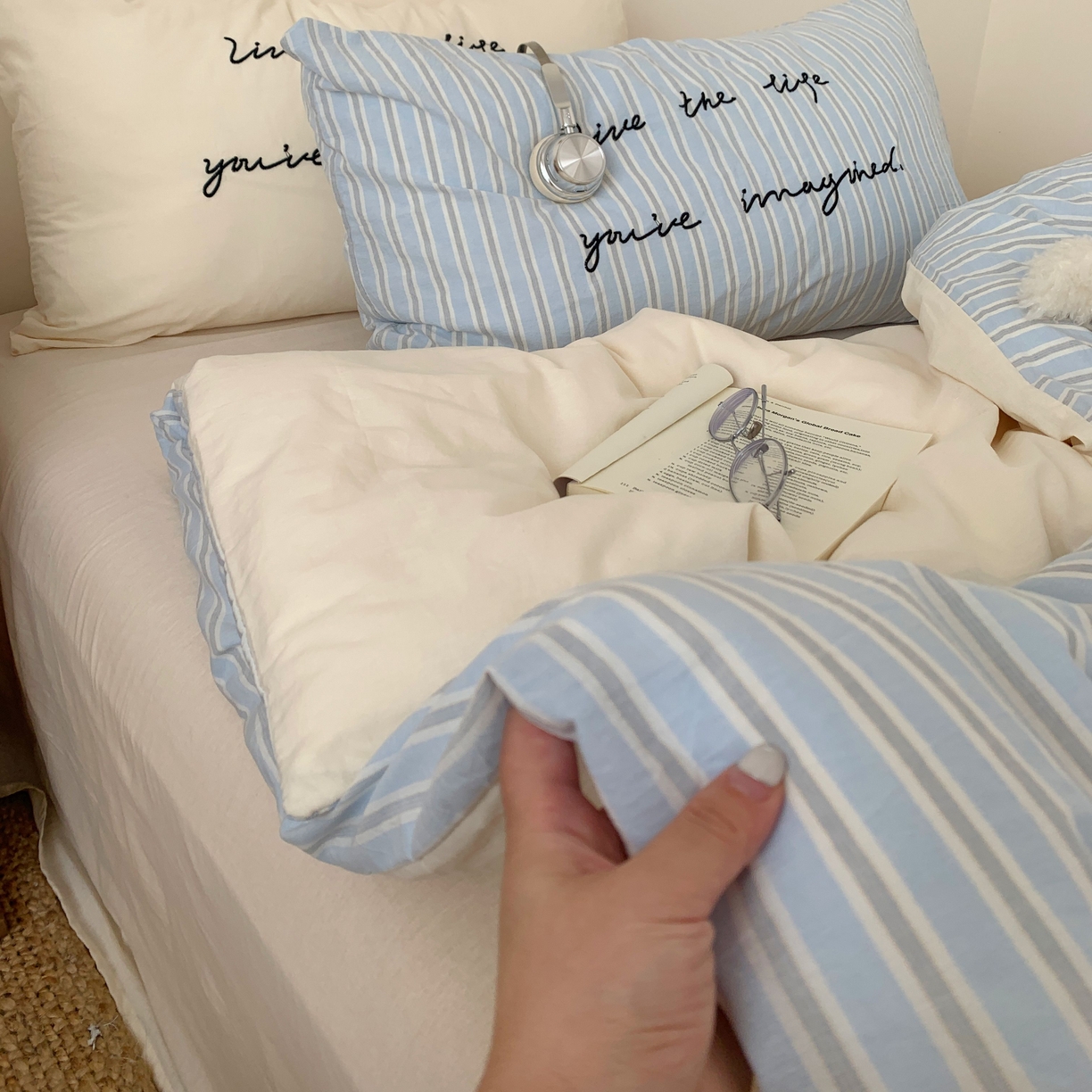 91家纺网 家纺一手货源 找家纺 桃喜 2026春夏全棉新品色织水洗棉条纹博主ins风四件套学生三件套（会员-5） 海盐奶盖