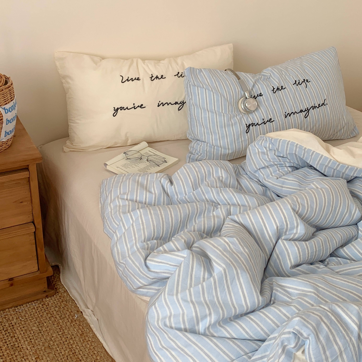 91家纺网 家纺一手货源 找家纺 桃喜 2026春夏全棉新品色织水洗棉条纹博主ins风四件套学生三件套（会员-5） 海盐奶盖