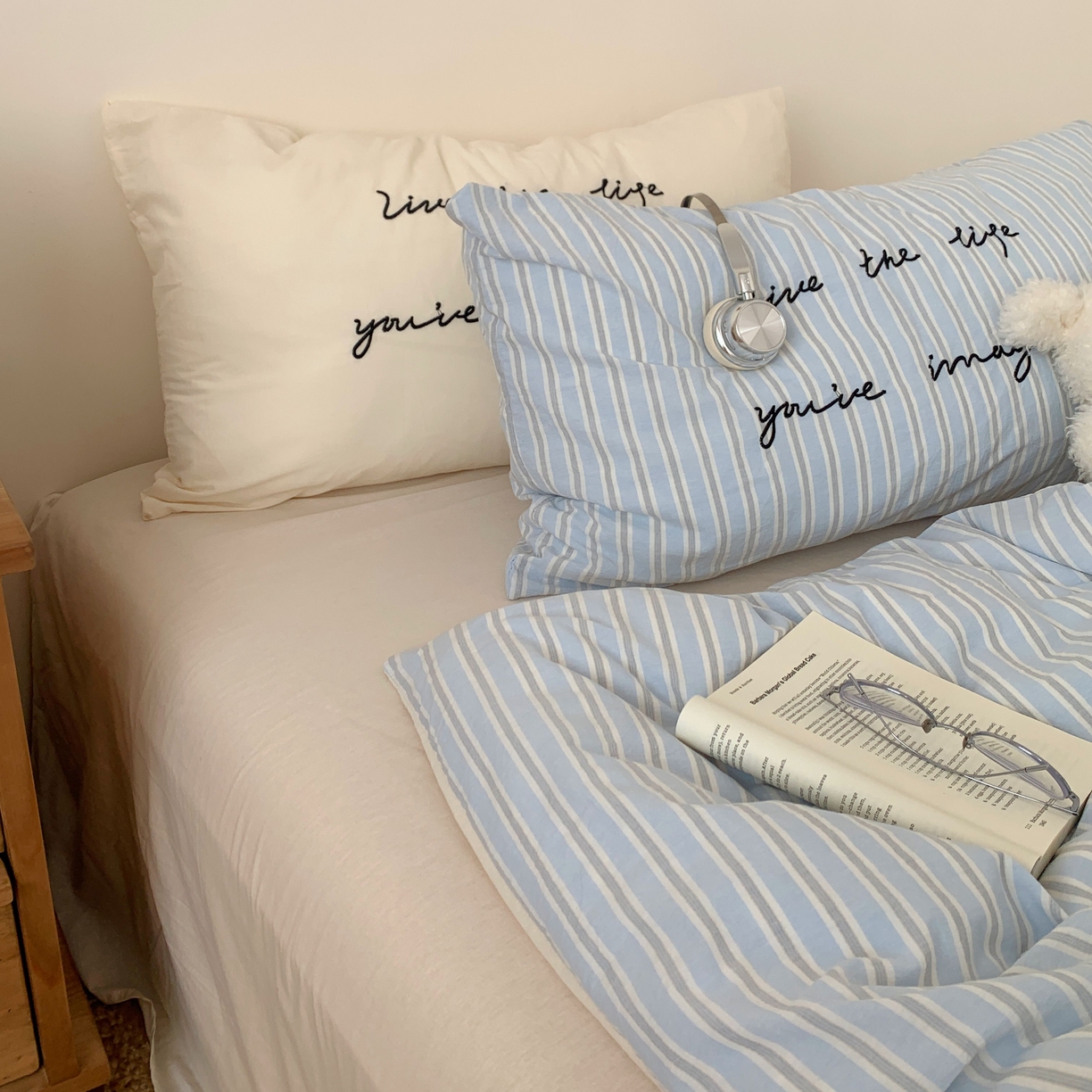 91家纺网 家纺一手货源 找家纺 桃喜 2026春夏全棉新品色织水洗棉条纹博主ins风四件套学生三件套（会员-5） 海盐奶盖