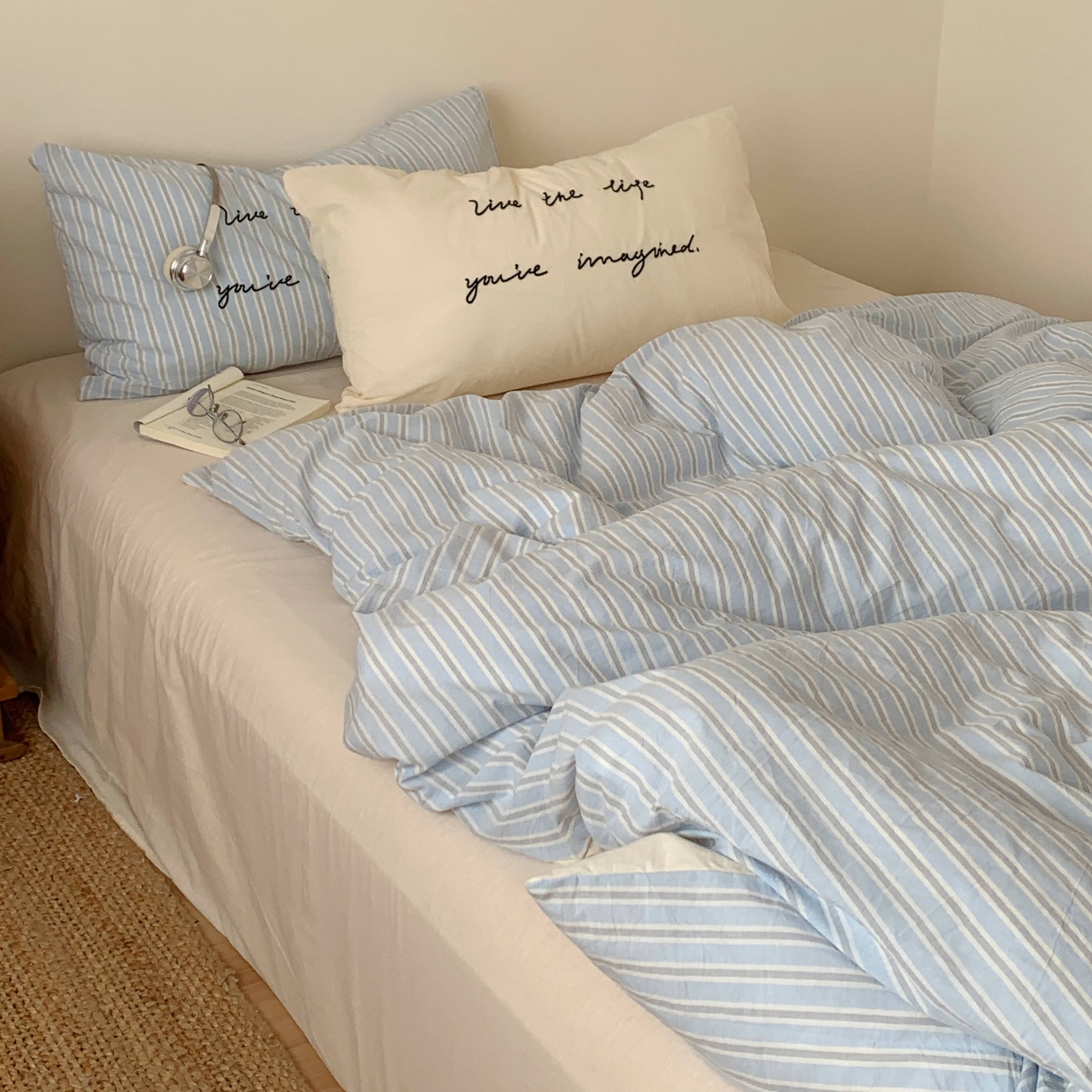 91家纺网 家纺一手货源 找家纺 桃喜 2026春夏全棉新品色织水洗棉条纹博主ins风四件套学生三件套（会员-5） 海盐奶盖