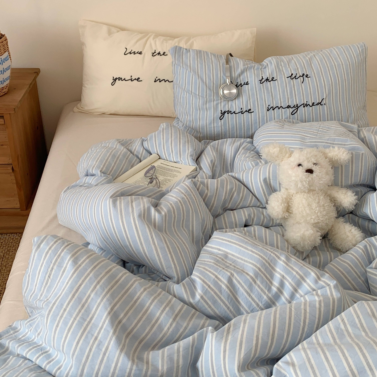 91家纺网 家纺一手货源 找家纺 桃喜 2026春夏全棉新品色织水洗棉条纹博主ins风四件套学生三件套（会员-5） 海盐奶盖