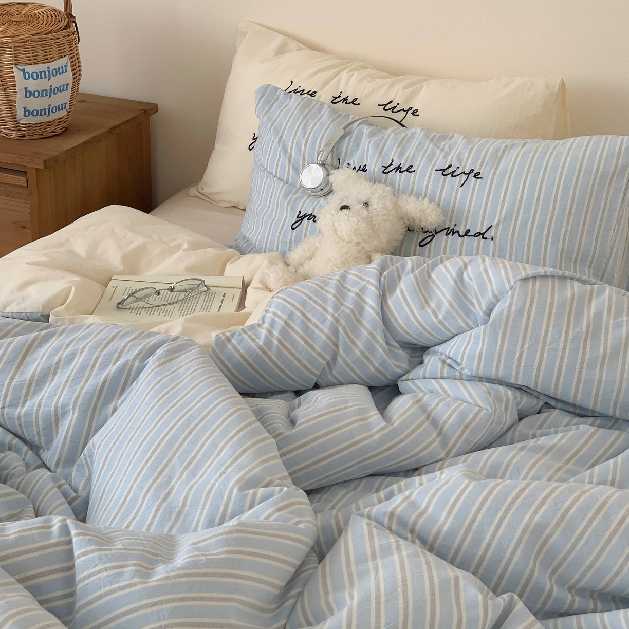 91家纺网 家纺一手货源 找家纺 桃喜 2026春夏全棉新品色织水洗棉条纹博主ins风四件套学生三件套（会员-5） 海盐奶盖