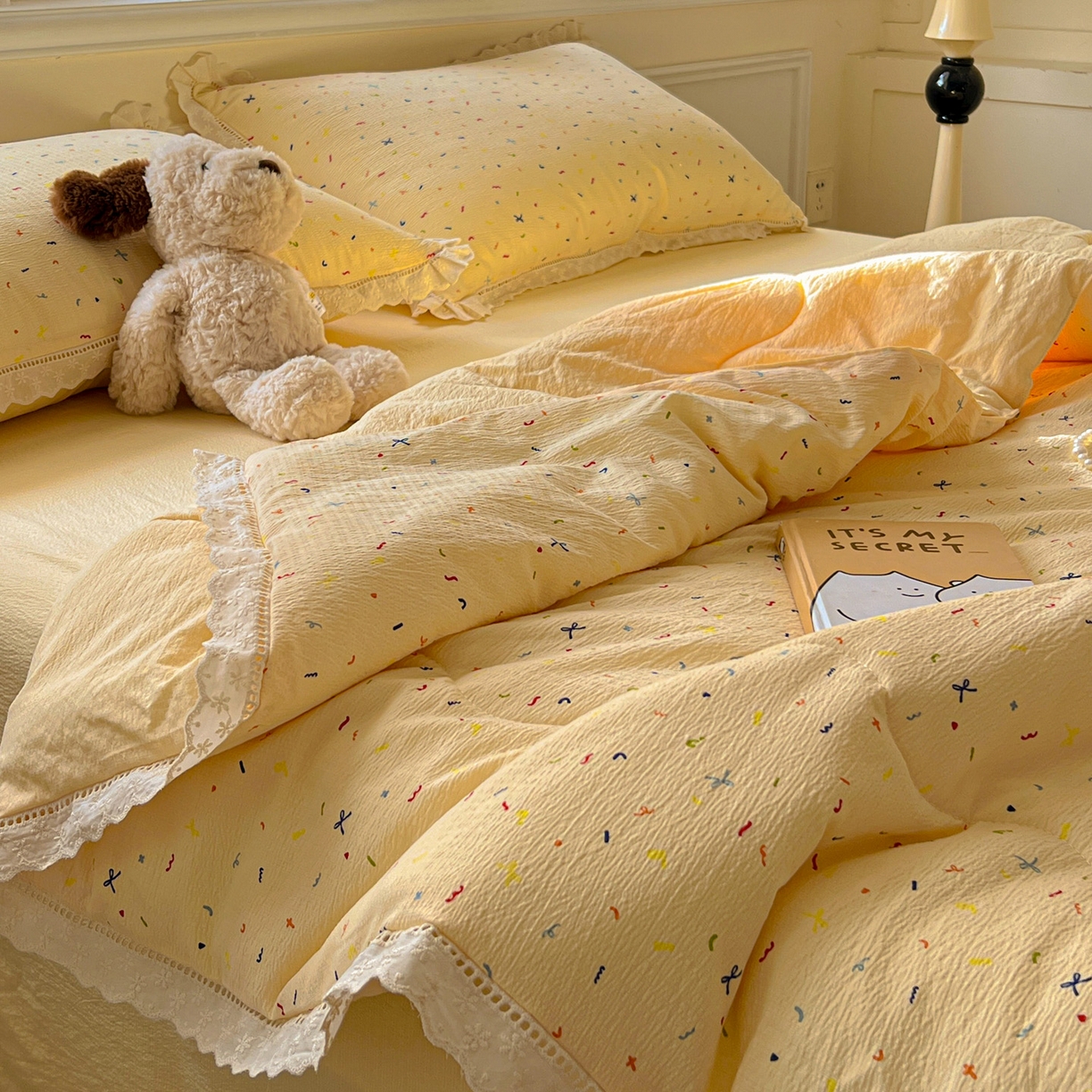 91家纺网 家纺一手货源 找家纺 繁花家居 2026镂空花边系列夏被夏凉被空调被高克重木棉泡芙棉软糯亲肤四件套学生三件套 奶酪碎