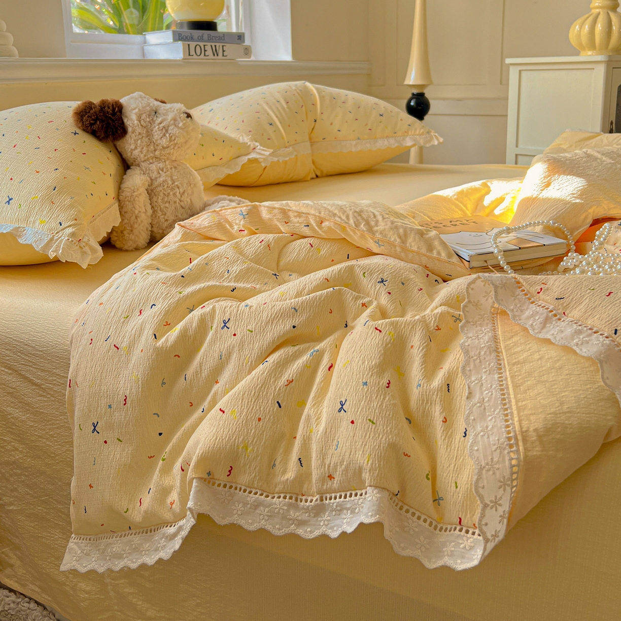 91家纺网 家纺一手货源 找家纺 繁花家居 2026镂空花边系列夏被夏凉被空调被高克重木棉泡芙棉软糯亲肤四件套学生三件套 奶酪碎