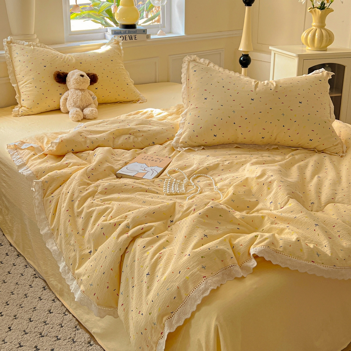 91家纺网 家纺一手货源 找家纺 繁花家居 2026镂空花边系列夏被夏凉被空调被高克重木棉泡芙棉软糯亲肤四件套学生三件套 奶酪碎