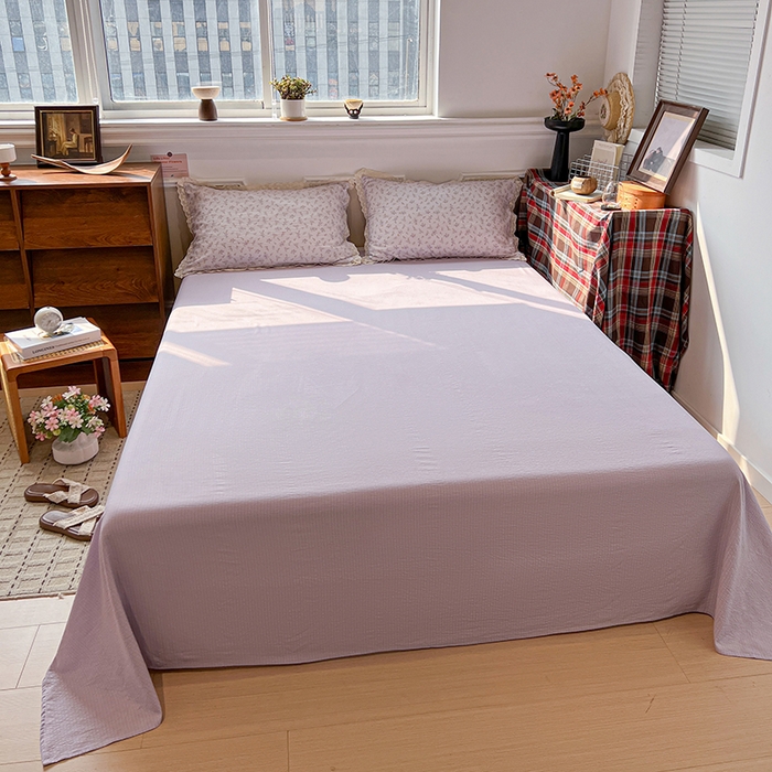 91家纺网 家纺一手货源 找家纺 繁花家居 2026镂空花边系列夏被夏凉被空调被高克重木棉泡芙棉软糯亲肤四件套学生三件套 雾紫甜心