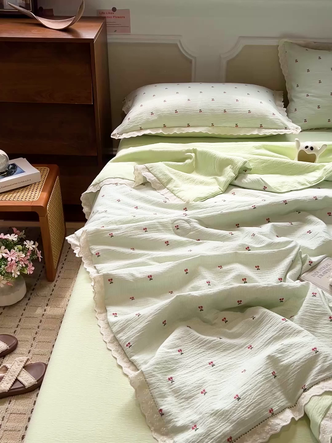 91家纺网 家纺一手货源 找家纺 繁花家居 2026镂空花边系列夏被夏凉被空调被高克重木棉泡芙棉软糯亲肤四件套学生三件套 樱遇温柔-绿