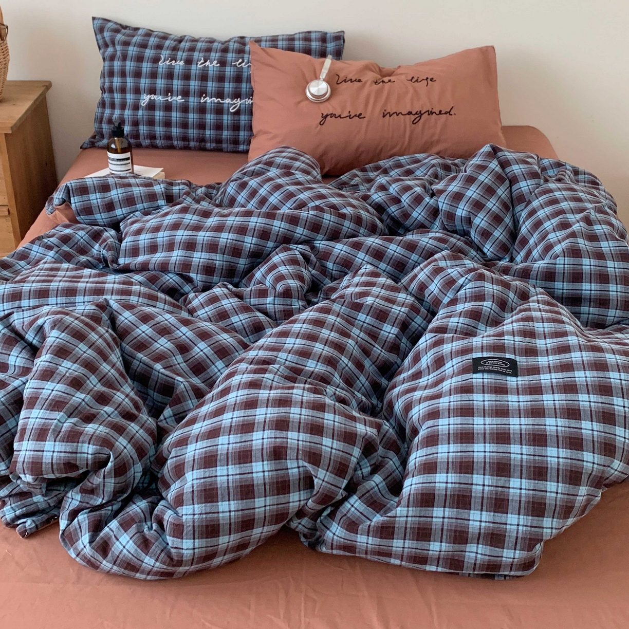 91家纺网 家纺一手货源 找家纺 桃喜 2026春夏全棉新品色织水洗棉条纹博主ins风四件套学生三件套（会员-5） 蓝调可可