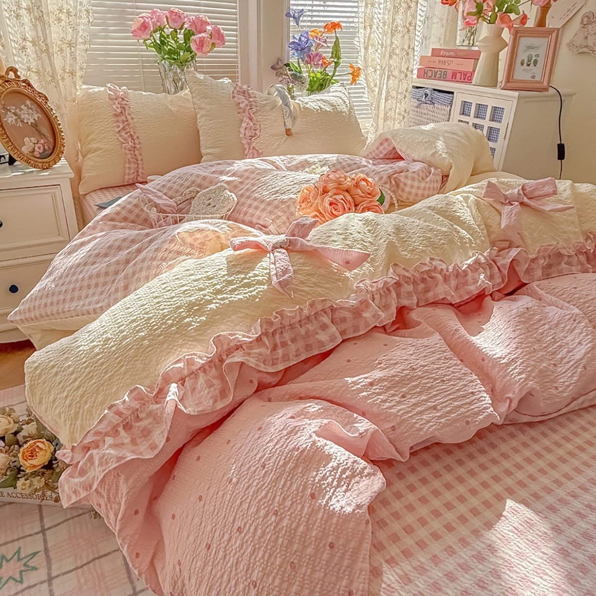 91家纺网 家纺一手货源 找家纺 （总）子钦家纺 2026春夏新款提花泡芙棉甜系格子软乎乎的治愈床品花边蝴蝶结床单床笠四件套-邹邹奶芙（场景二）