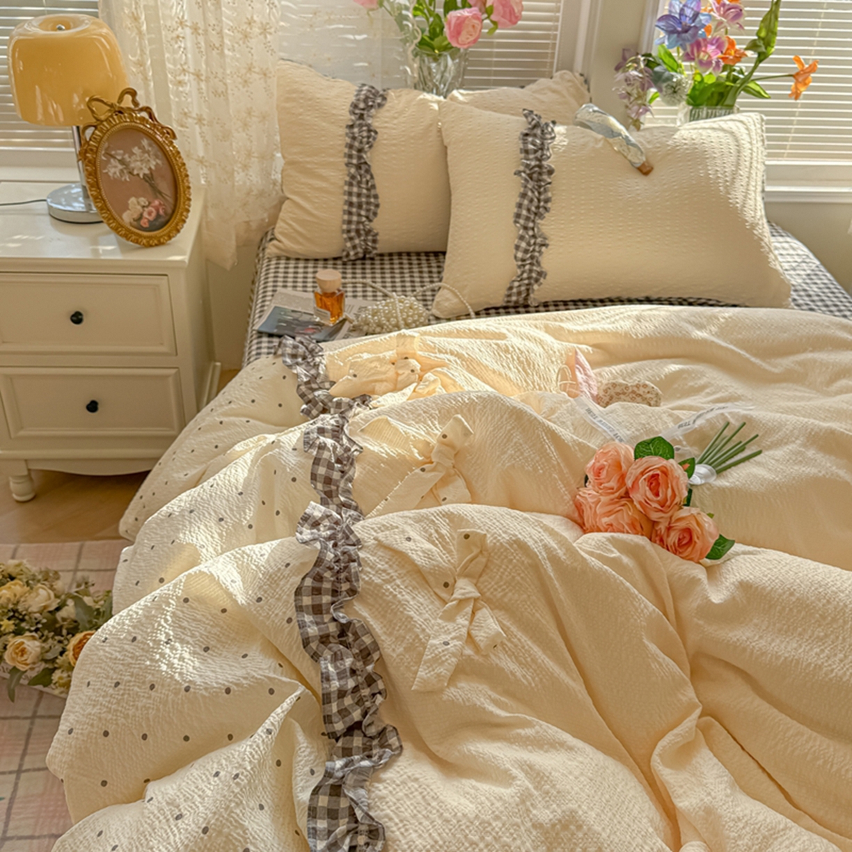 91家纺网 家纺一手货源 找家纺 子钦家纺 2026春夏新款提花泡芙棉甜系格子软乎乎的治愈床品花边蝴蝶结床单床笠四件套-邹邹奶芙（场景二） 邹邹奶芙-奶灰波点